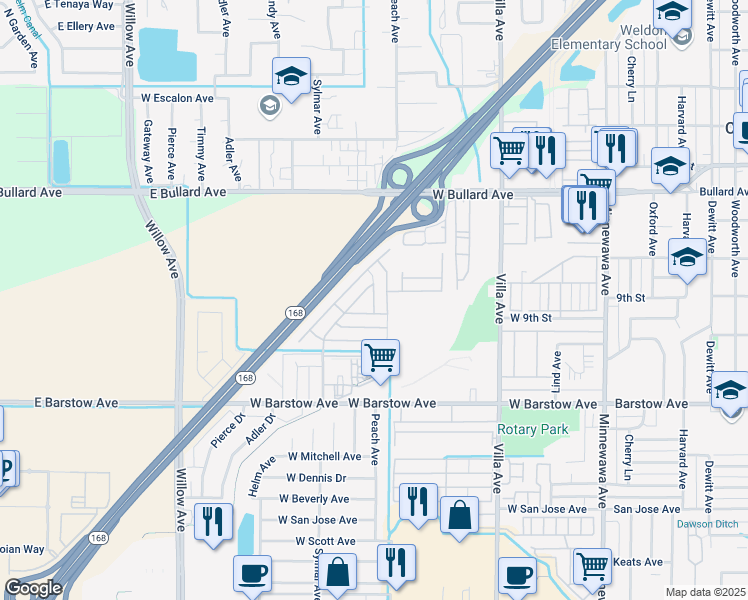 map of restaurants, bars, coffee shops, grocery stores, and more near 1001 Sylmar Avenue in Clovis