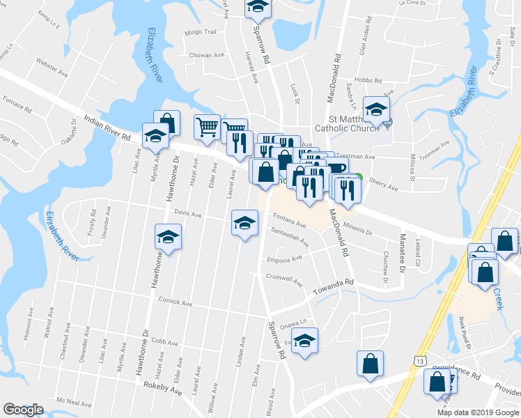 map of restaurants, bars, coffee shops, grocery stores, and more near 1128 Sparrow Road in Chesapeake