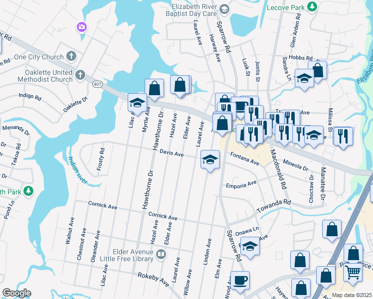 map of restaurants, bars, coffee shops, grocery stores, and more near 1149 Laurel Avenue in Chesapeake