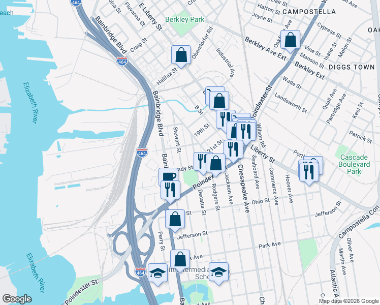 map of restaurants, bars, coffee shops, grocery stores, and more near 922 Decatur Street in Chesapeake