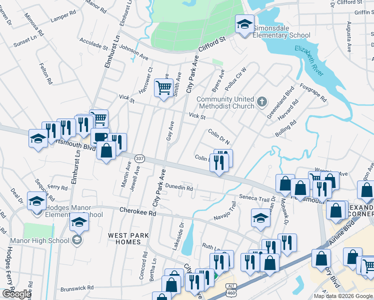 map of restaurants, bars, coffee shops, grocery stores, and more near 50 Colin Drive West in Portsmouth