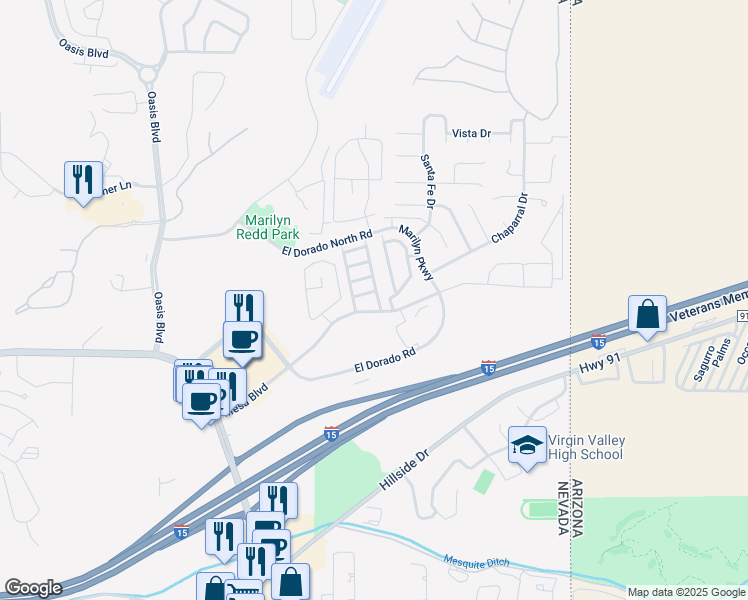 map of restaurants, bars, coffee shops, grocery stores, and more near 657 Mountain Ridge Street in Mesquite