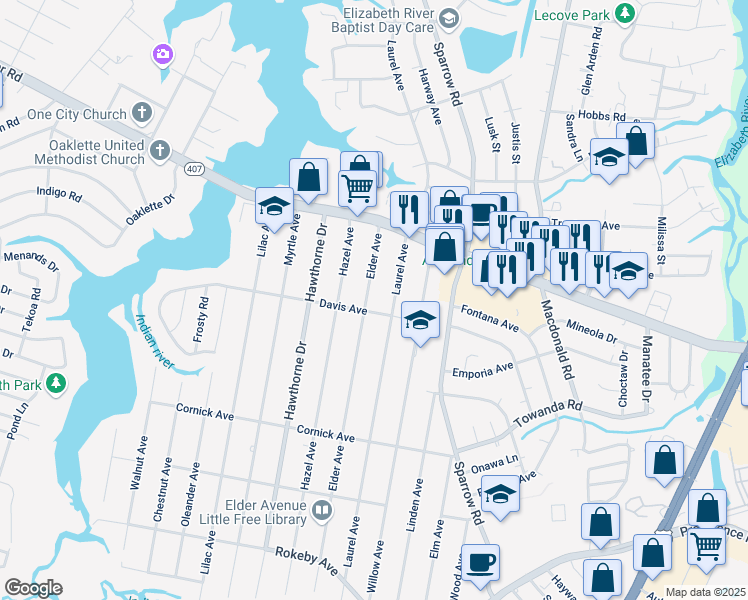 map of restaurants, bars, coffee shops, grocery stores, and more near 1149 Laurel Avenue in Chesapeake