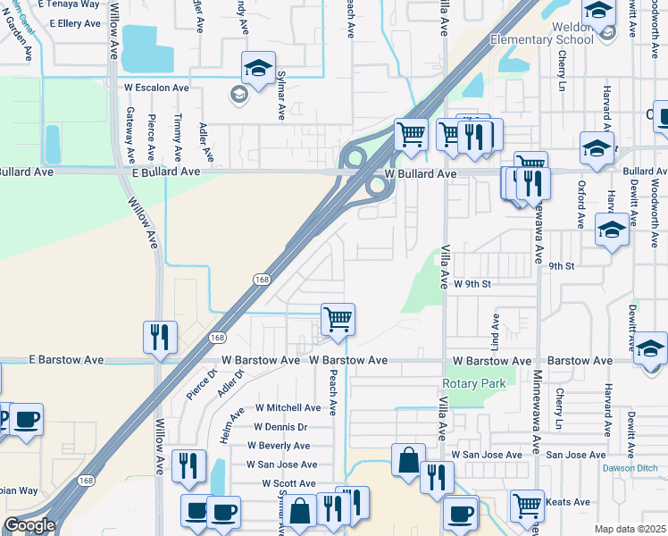 map of restaurants, bars, coffee shops, grocery stores, and more near 1001 Sylmar Avenue in Clovis