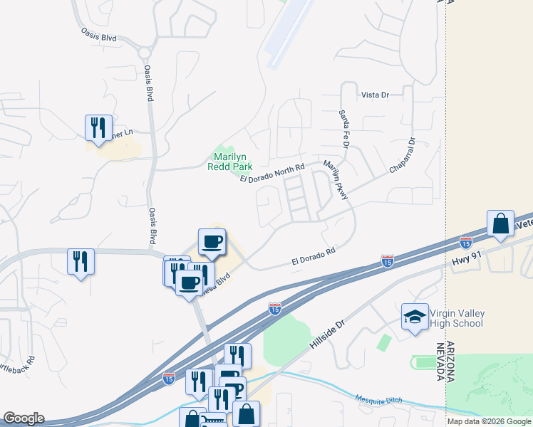 map of restaurants, bars, coffee shops, grocery stores, and more near 419 Mesa Boulevard in Mesquite