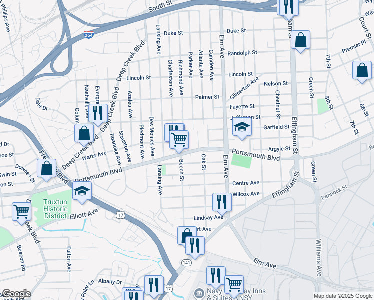 map of restaurants, bars, coffee shops, grocery stores, and more near 1416 Portsmouth Boulevard in Portsmouth