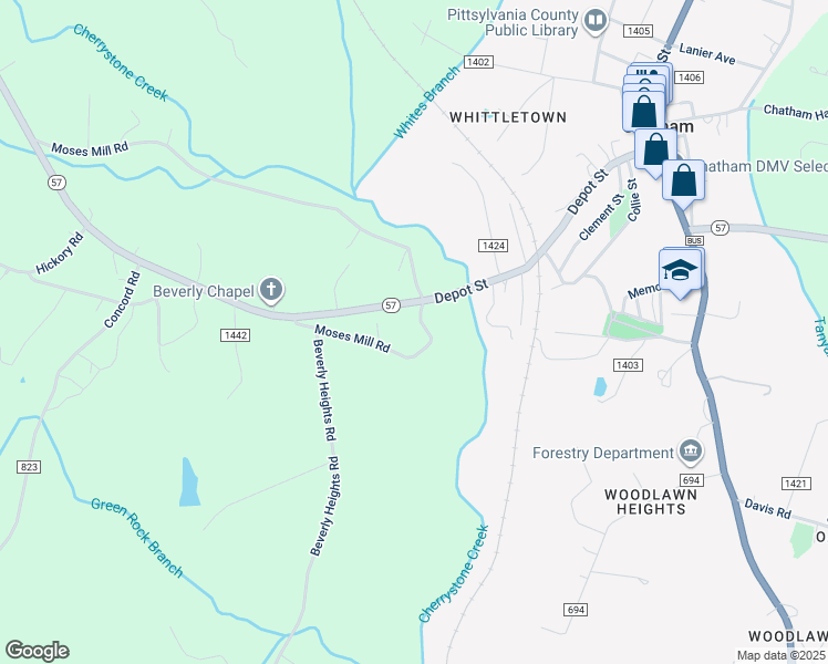 map of restaurants, bars, coffee shops, grocery stores, and more near 421 Moses Mill Road in Chatham