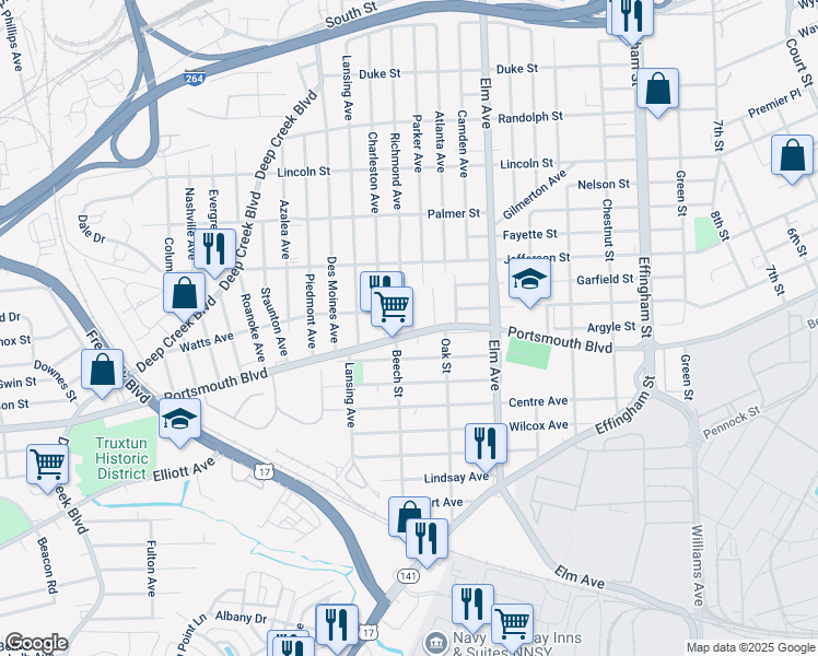 map of restaurants, bars, coffee shops, grocery stores, and more near 1416 Portsmouth Boulevard in Portsmouth
