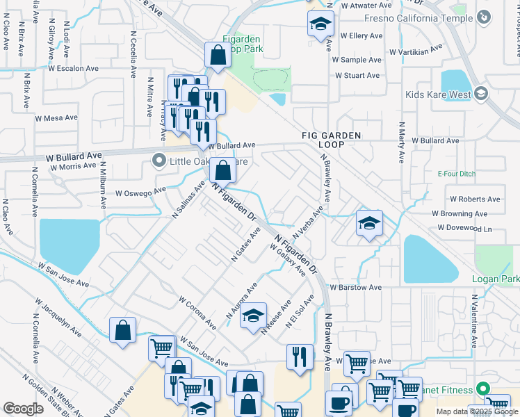 map of restaurants, bars, coffee shops, grocery stores, and more near 5605 North Gates Avenue in Fresno