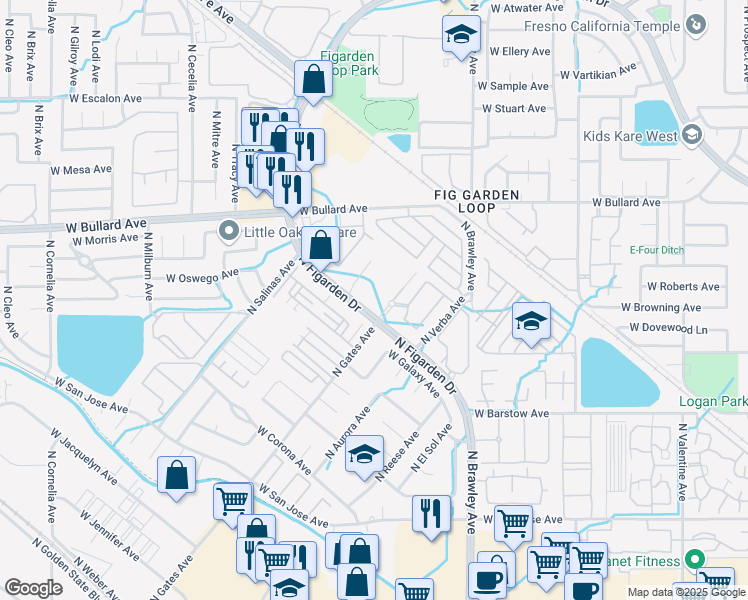 map of restaurants, bars, coffee shops, grocery stores, and more near 5605 North Gates Avenue in Fresno