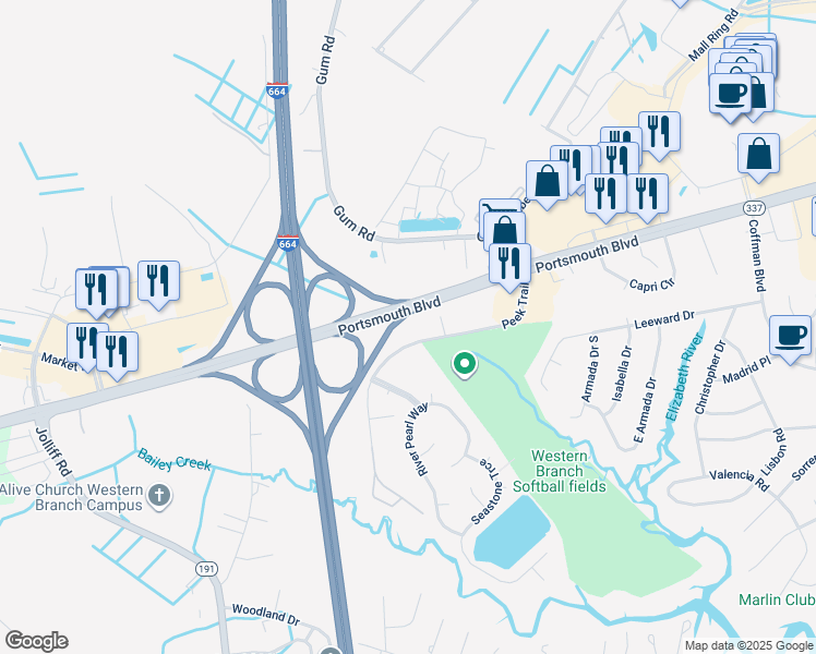 map of restaurants, bars, coffee shops, grocery stores, and more near 4516 Peek Trail in Chesapeake