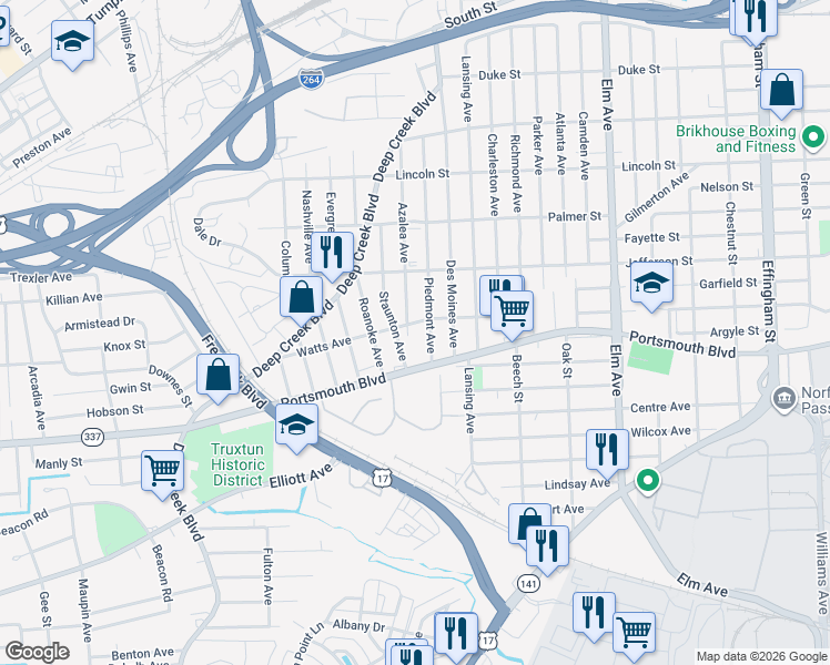 map of restaurants, bars, coffee shops, grocery stores, and more near 2511 Azalea Avenue in Portsmouth