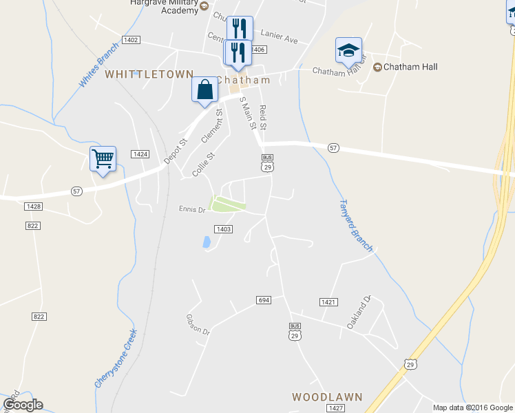map of restaurants, bars, coffee shops, grocery stores, and more near 348 South Main Street in Chatham
