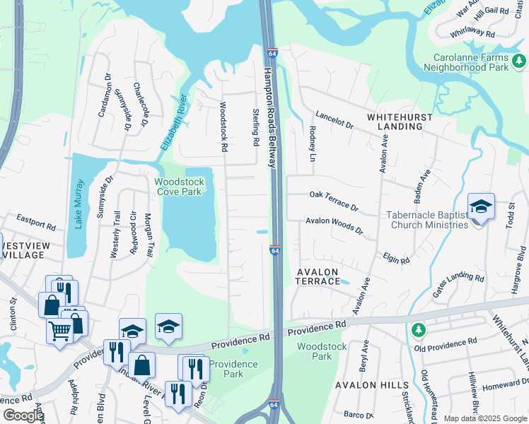 map of restaurants, bars, coffee shops, grocery stores, and more near 722 Woodstock Road in Virginia Beach