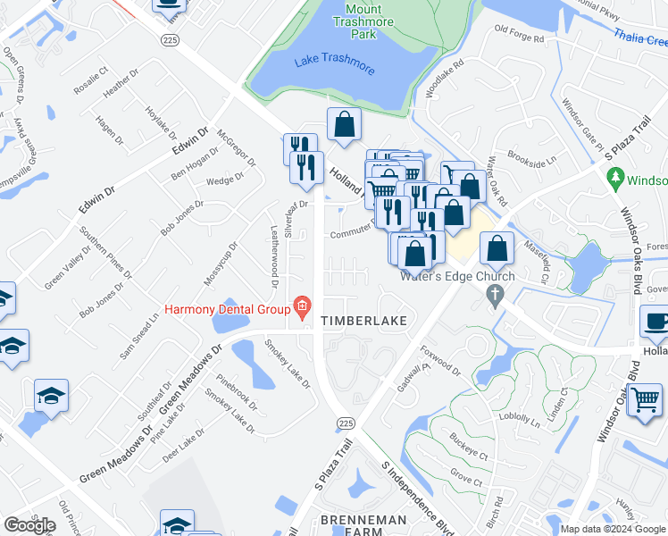 map of restaurants, bars, coffee shops, grocery stores, and more near 1414 Woodscape Lane in Virginia Beach