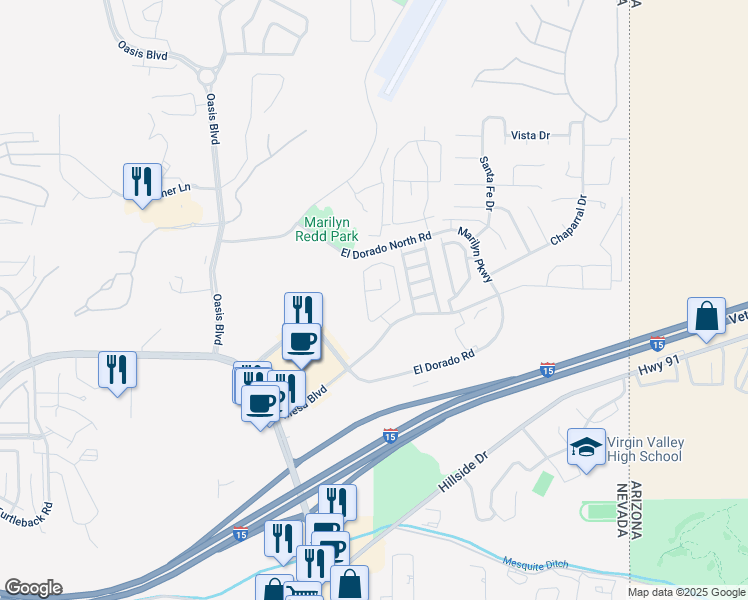 map of restaurants, bars, coffee shops, grocery stores, and more near 417 Mesa Boulevard in Mesquite