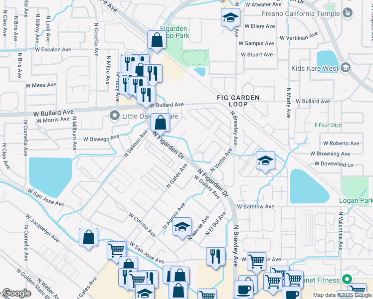 map of restaurants, bars, coffee shops, grocery stores, and more near in Fresno