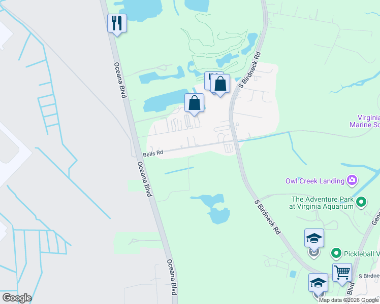 map of restaurants, bars, coffee shops, grocery stores, and more near 1241 Bells Road in Virginia Beach