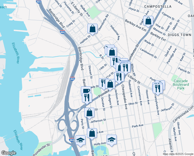 map of restaurants, bars, coffee shops, grocery stores, and more near 910 Decatur Street in Chesapeake