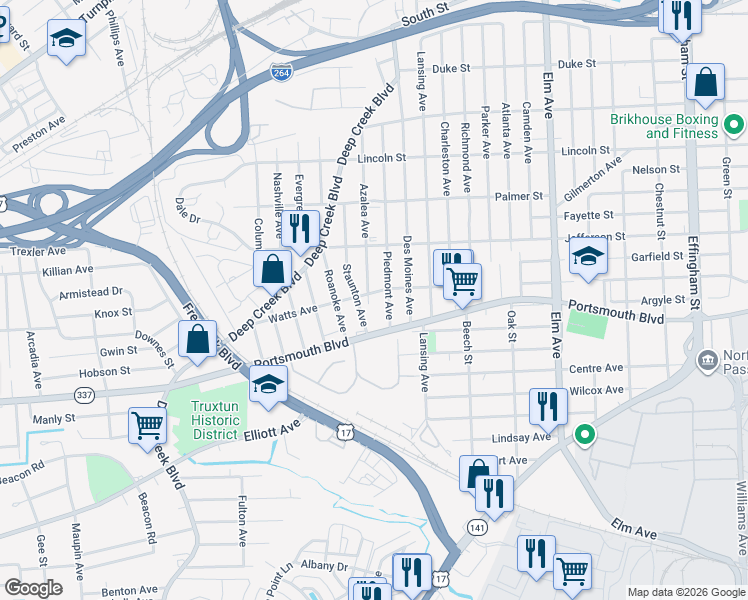 map of restaurants, bars, coffee shops, grocery stores, and more near 2511 Azalea Avenue in Portsmouth