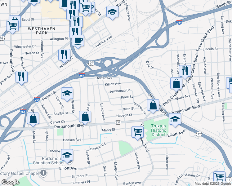 map of restaurants, bars, coffee shops, grocery stores, and more near 3232 Knox Street in Portsmouth