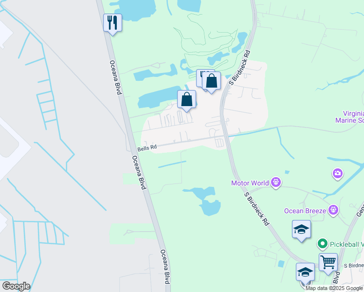 map of restaurants, bars, coffee shops, grocery stores, and more near 1241 Bells Road in Virginia Beach