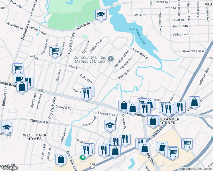 map of restaurants, bars, coffee shops, grocery stores, and more near 15 Greeneland Boulevard in Portsmouth
