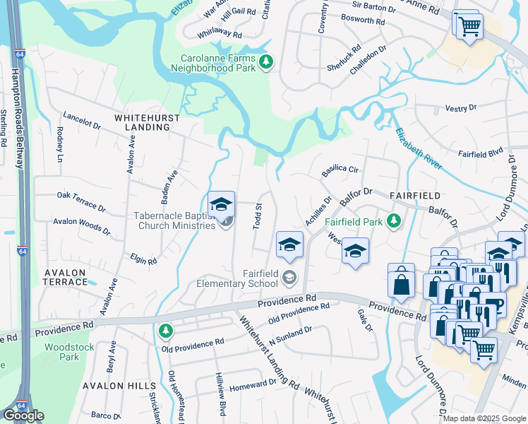 map of restaurants, bars, coffee shops, grocery stores, and more near 5437 Todd Street in Virginia Beach