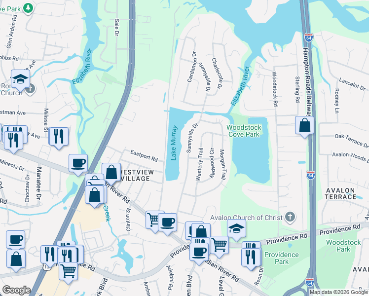 map of restaurants, bars, coffee shops, grocery stores, and more near 941 Sunnyside Drive in Virginia Beach