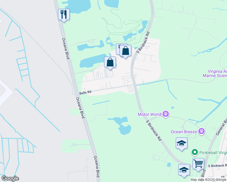 map of restaurants, bars, coffee shops, grocery stores, and more near 1227 Bells Road in Virginia Beach