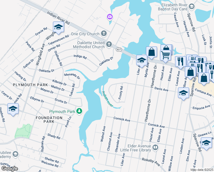 map of restaurants, bars, coffee shops, grocery stores, and more near 1227 Davis Avenue in Chesapeake