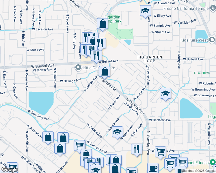 map of restaurants, bars, coffee shops, grocery stores, and more near 4402 West Artemisa Drive in Fresno