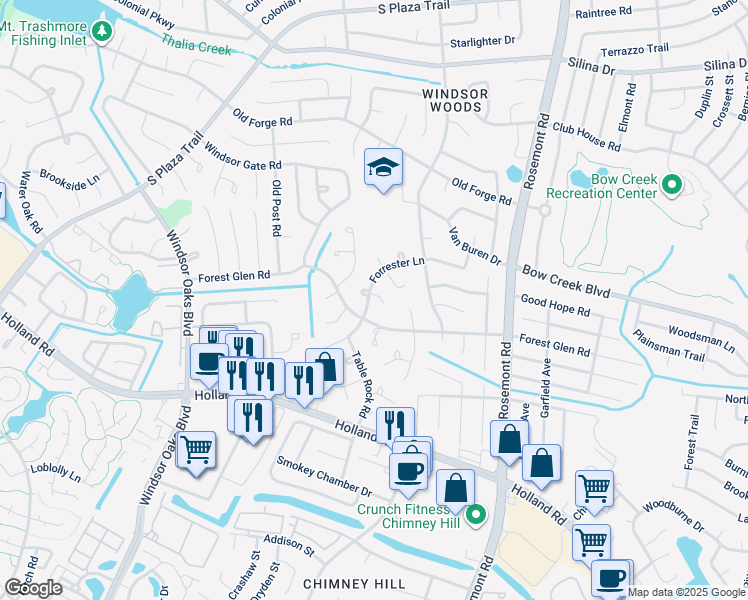 map of restaurants, bars, coffee shops, grocery stores, and more near 601 Oak Grove Lane in Virginia Beach