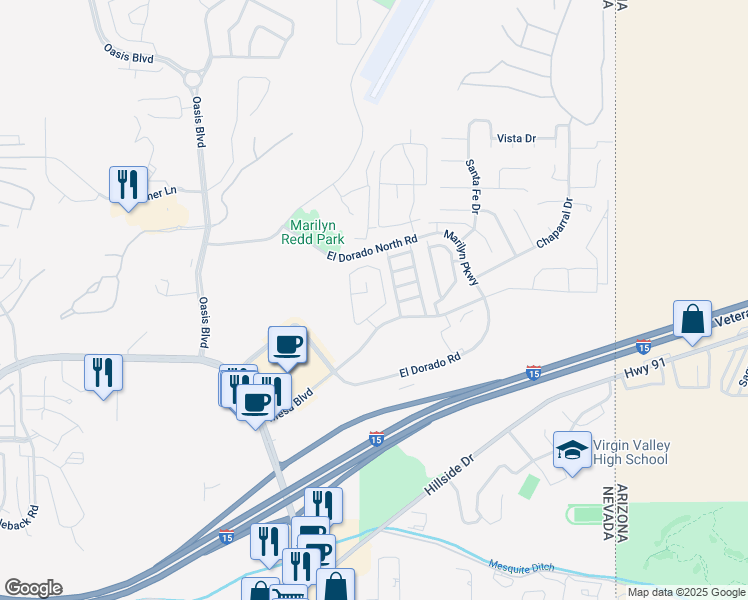 map of restaurants, bars, coffee shops, grocery stores, and more near 477 Mesa Boulevard in Mesquite