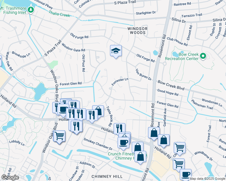 map of restaurants, bars, coffee shops, grocery stores, and more near 601 Oak Grove Lane in Virginia Beach