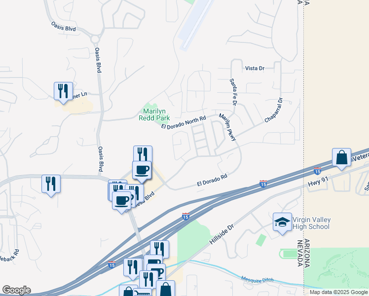 map of restaurants, bars, coffee shops, grocery stores, and more near 483 Mesa Boulevard in Mesquite