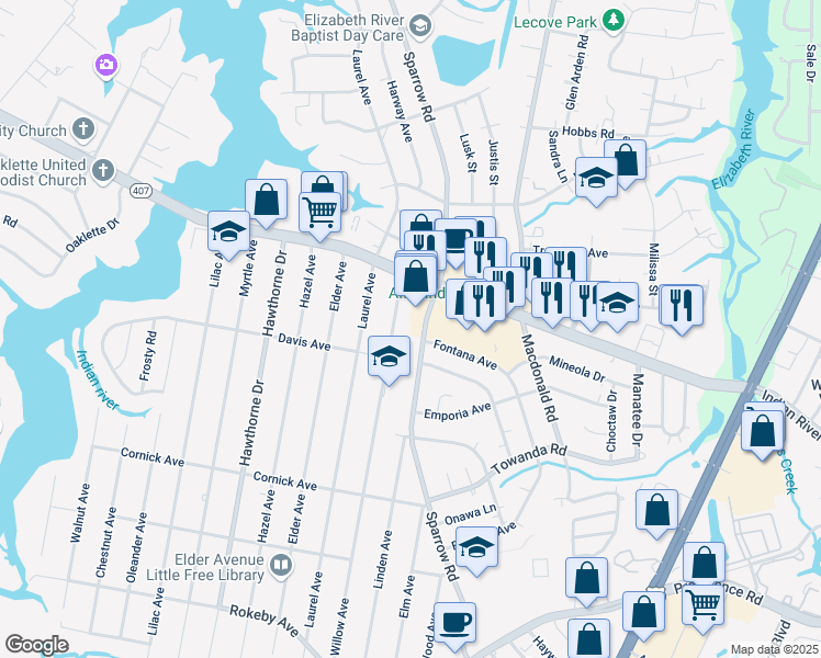 map of restaurants, bars, coffee shops, grocery stores, and more near 1126 Sparrow Road in Chesapeake