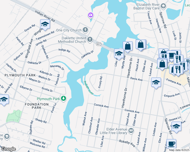 map of restaurants, bars, coffee shops, grocery stores, and more near 1201 Point Reel Road in Chesapeake