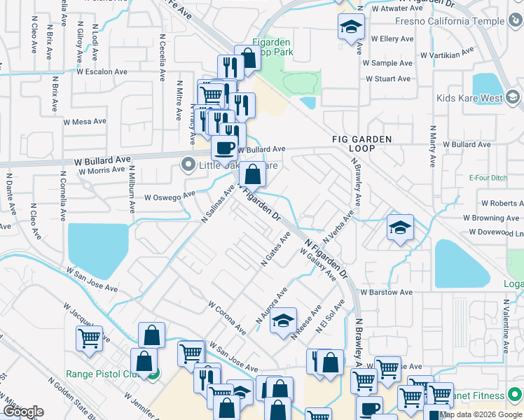 map of restaurants, bars, coffee shops, grocery stores, and more near 4362 West Artemisa Drive in Fresno