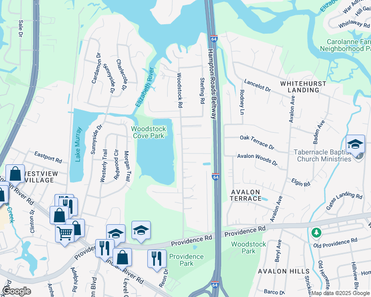 map of restaurants, bars, coffee shops, grocery stores, and more near 728 Woodstock Road in Virginia Beach