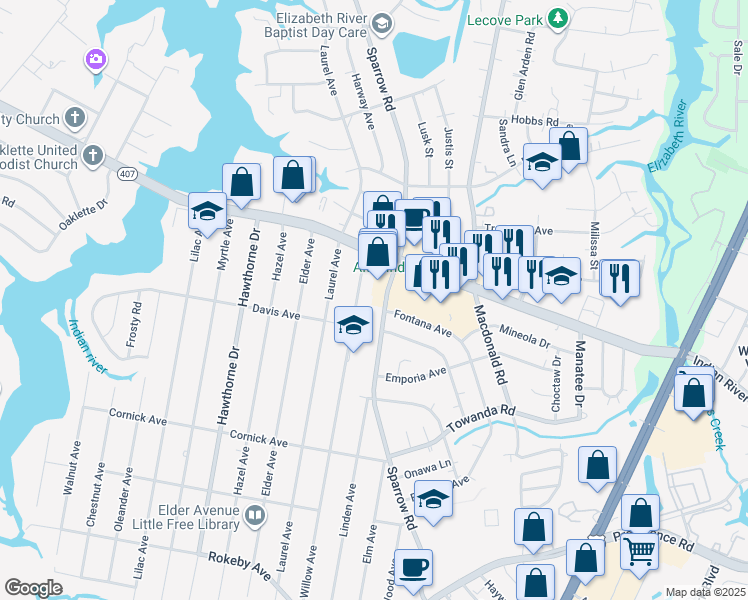 map of restaurants, bars, coffee shops, grocery stores, and more near 1128 Sparrow Road in Chesapeake