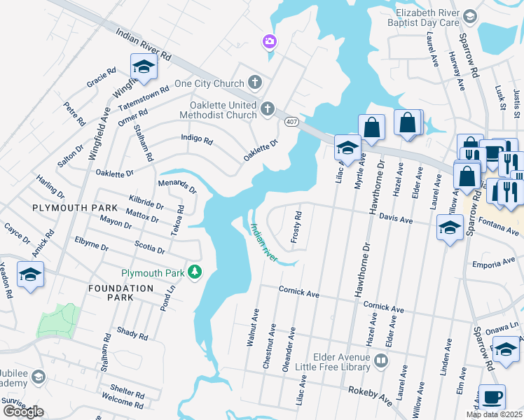 map of restaurants, bars, coffee shops, grocery stores, and more near 1227 Davis Avenue in Chesapeake