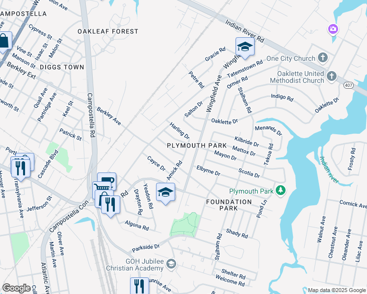 map of restaurants, bars, coffee shops, grocery stores, and more near 606 Amick Road in Chesapeake
