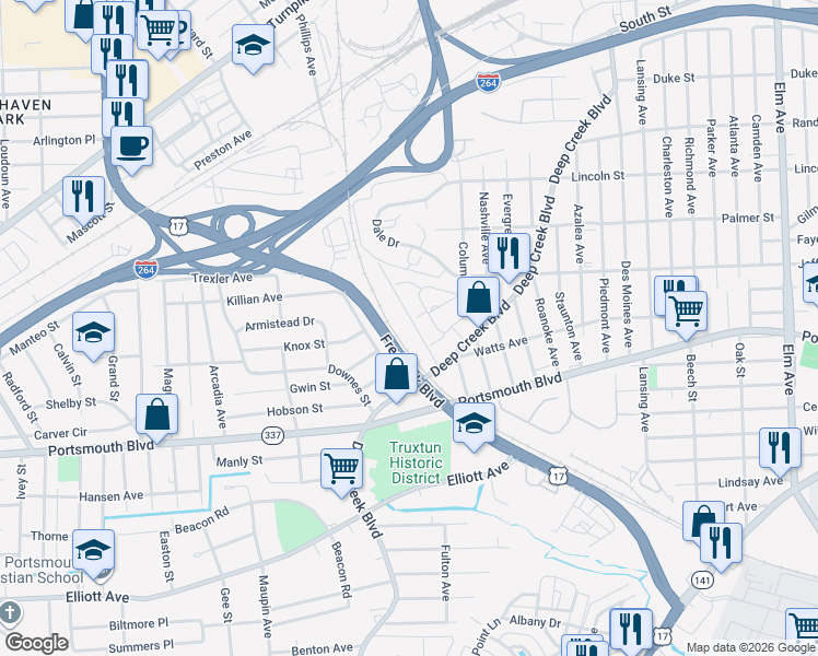 map of restaurants, bars, coffee shops, grocery stores, and more near 26 Bagley Street in Portsmouth