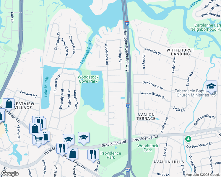 map of restaurants, bars, coffee shops, grocery stores, and more near 728 Woodstock Road in Virginia Beach
