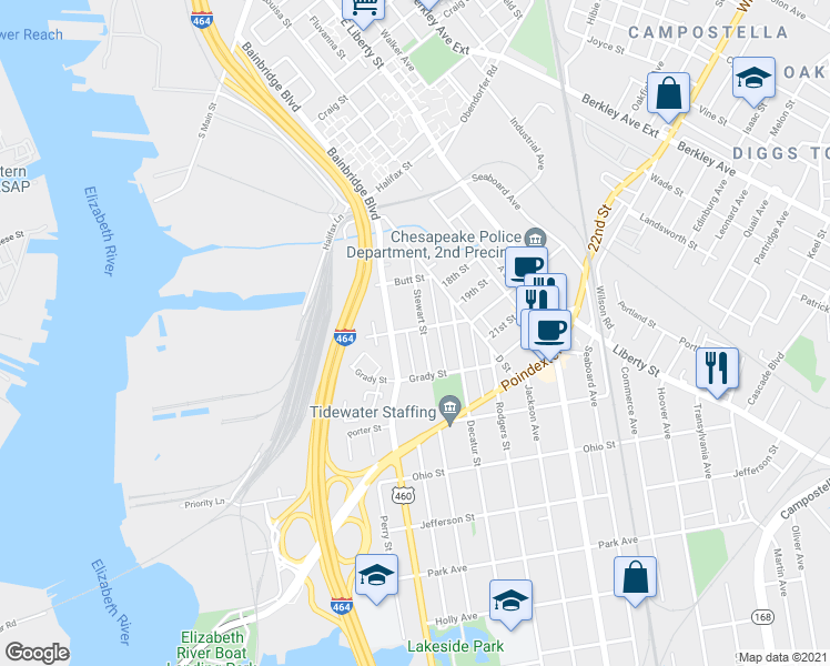 map of restaurants, bars, coffee shops, grocery stores, and more near 900 Stewart Street in Chesapeake