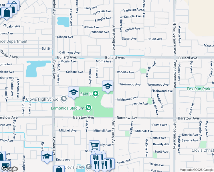 map of restaurants, bars, coffee shops, grocery stores, and more near 2094 Wrenwood Avenue in Clovis