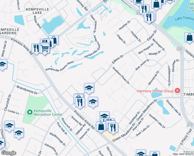 map of restaurants, bars, coffee shops, grocery stores, and more near 665 Edwin Drive in Virginia Beach