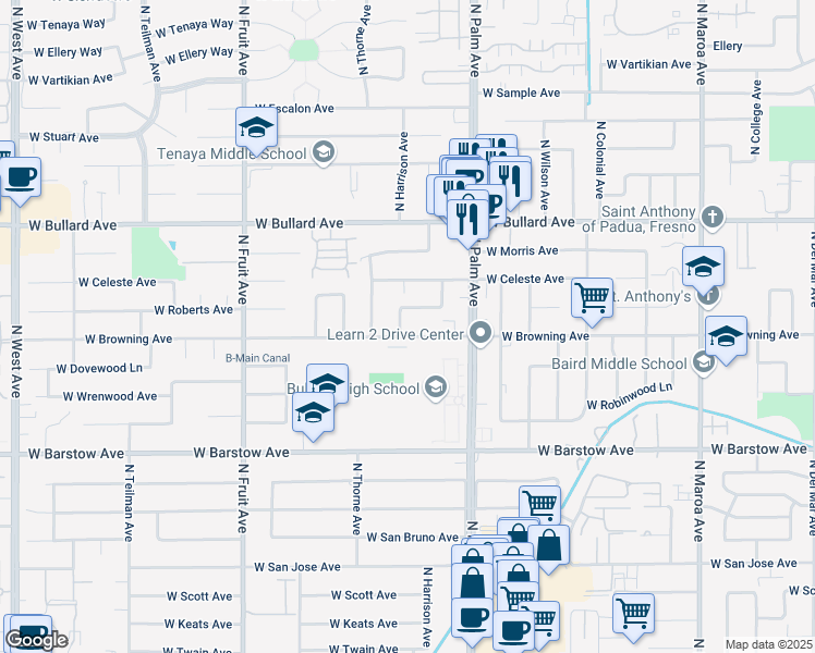 map of restaurants, bars, coffee shops, grocery stores, and more near 5618 North Harrison Avenue in Fresno