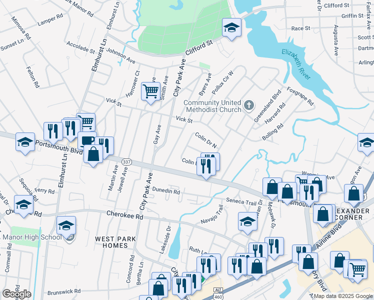 map of restaurants, bars, coffee shops, grocery stores, and more near 12 Colin Drive South in Portsmouth